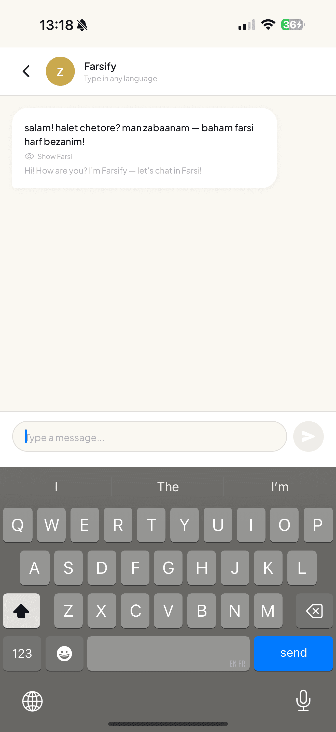 Open-ended AI chat for practicing conversational Farsi